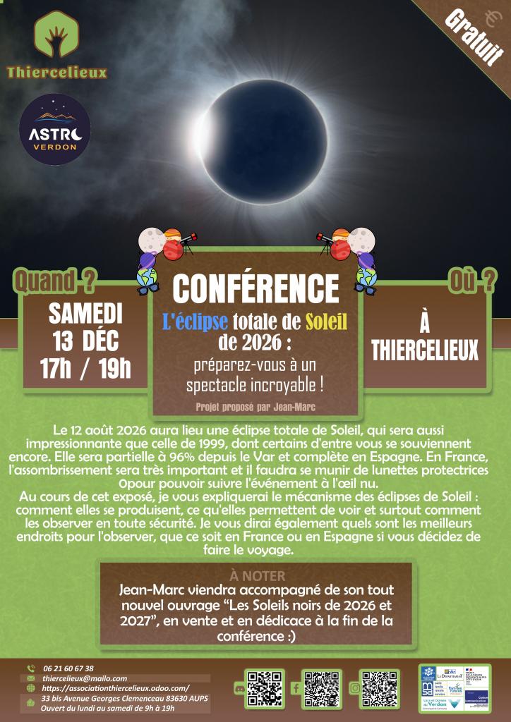 Conférence L'éclipse totale de soleil 2026 - Les animations du Thiercelieux_Aups