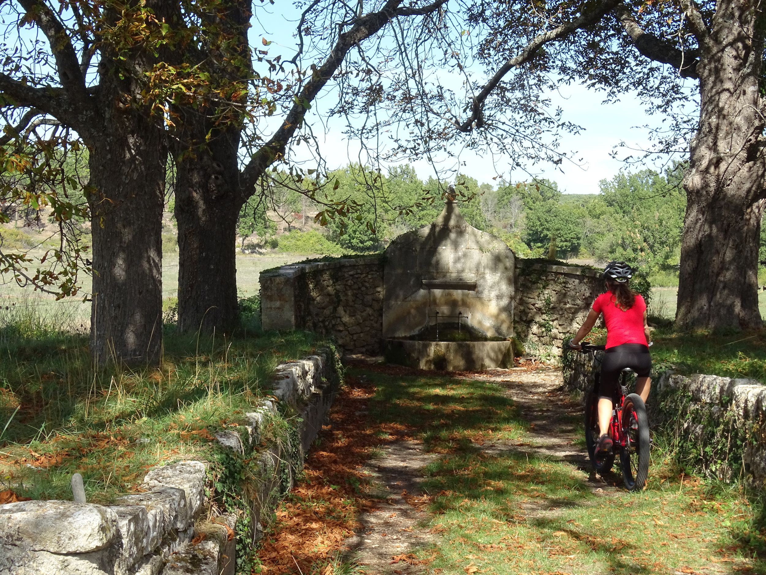 Vttiste roulant au milieu d'une allée de marronniers avec en fond une imposante fontaine en pierre datant de 1856